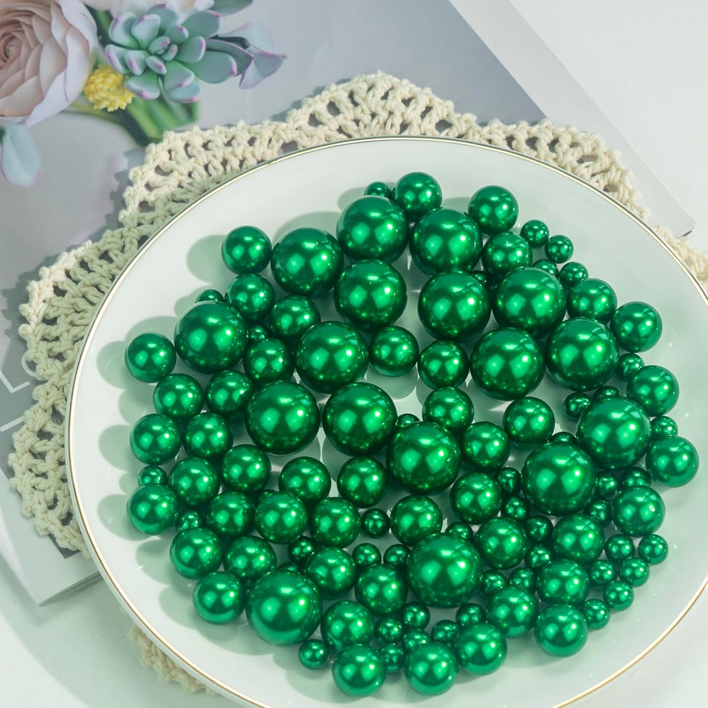 150Pcs Green Polished No Hole Faux Pearl Beads for Vase Filling Decorations, Plastic Pearls Vase Fillers, Table Scatters, Wedding Centerpiece, Home Decor, 8/14/20 mm