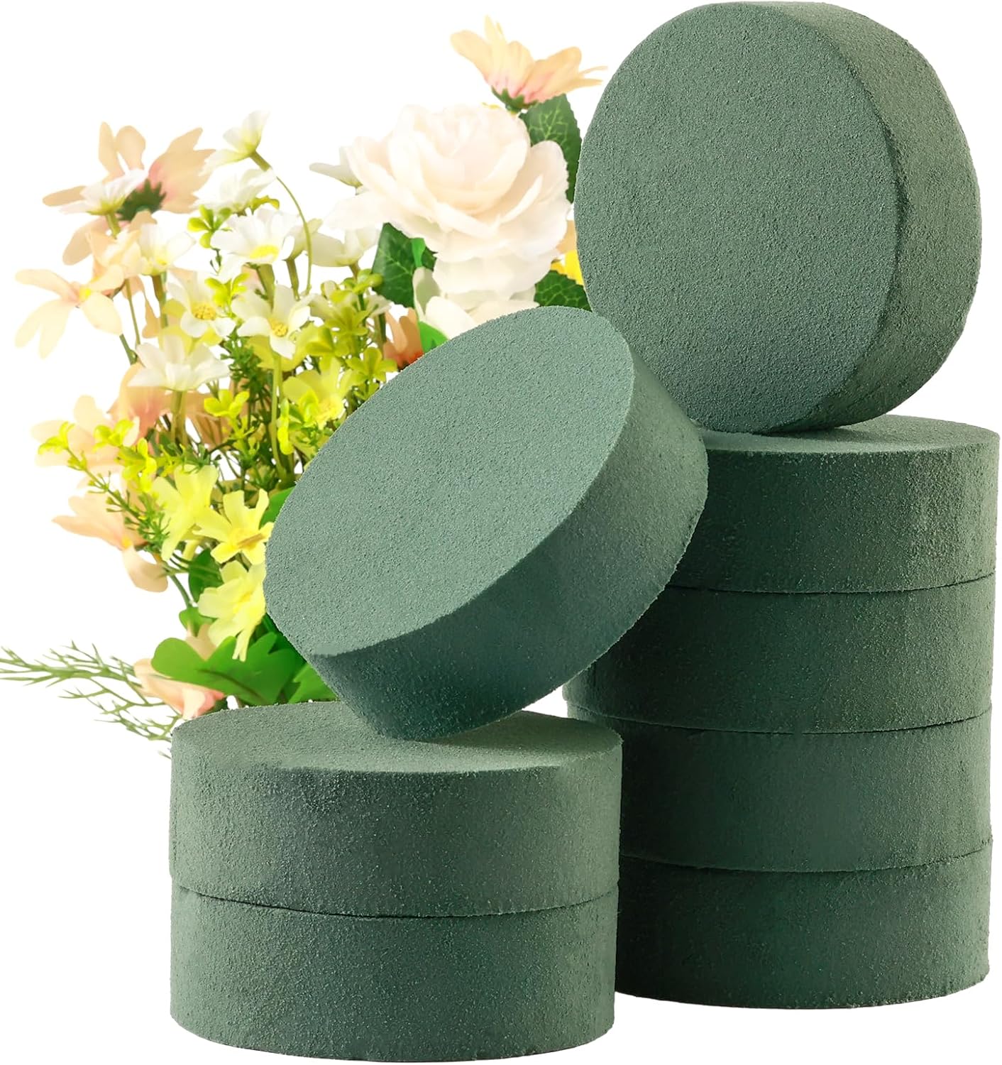 8 Pcs Round Floral Foam Blocks for Fresh & Artificial Flowers, 6.5" Wet & Dry Green Flower Foam for Indoor Outdoor Floral Arrangements, Large Styrofoam Block for Wedding, Birthdays, Home Décor