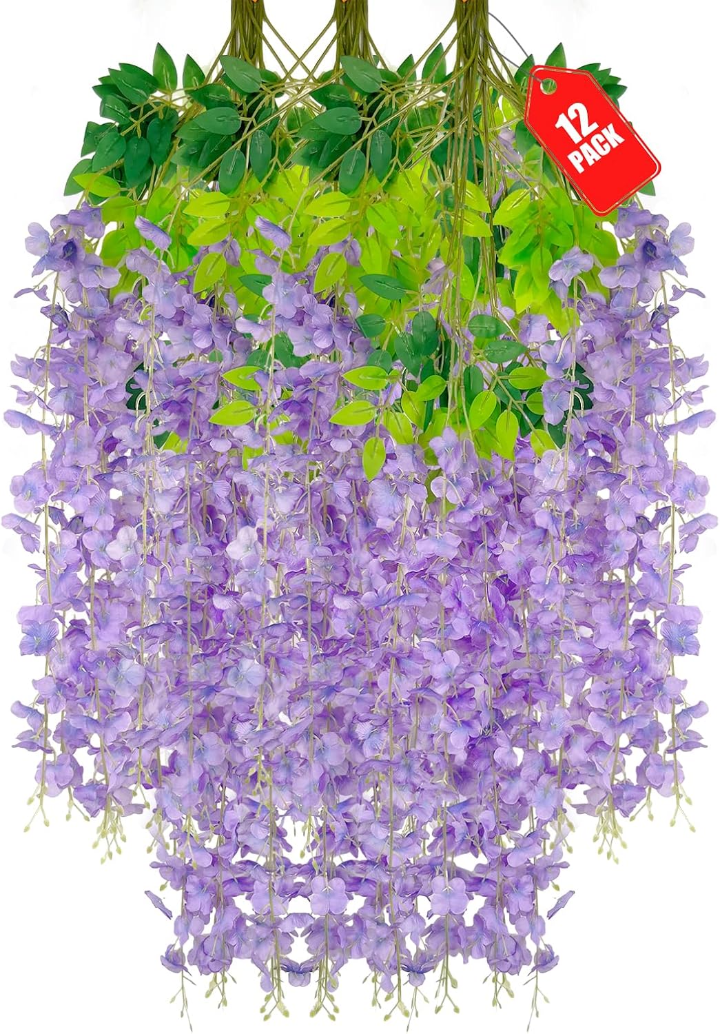 12 Pack Light Purple Wisteria Hanging Flowers, 3.44 Ft Fake Hanging Flowers, Artificial Wisteria Garland Vines for Wedding Room Backdrop Outdoor Patio Garden Decoration