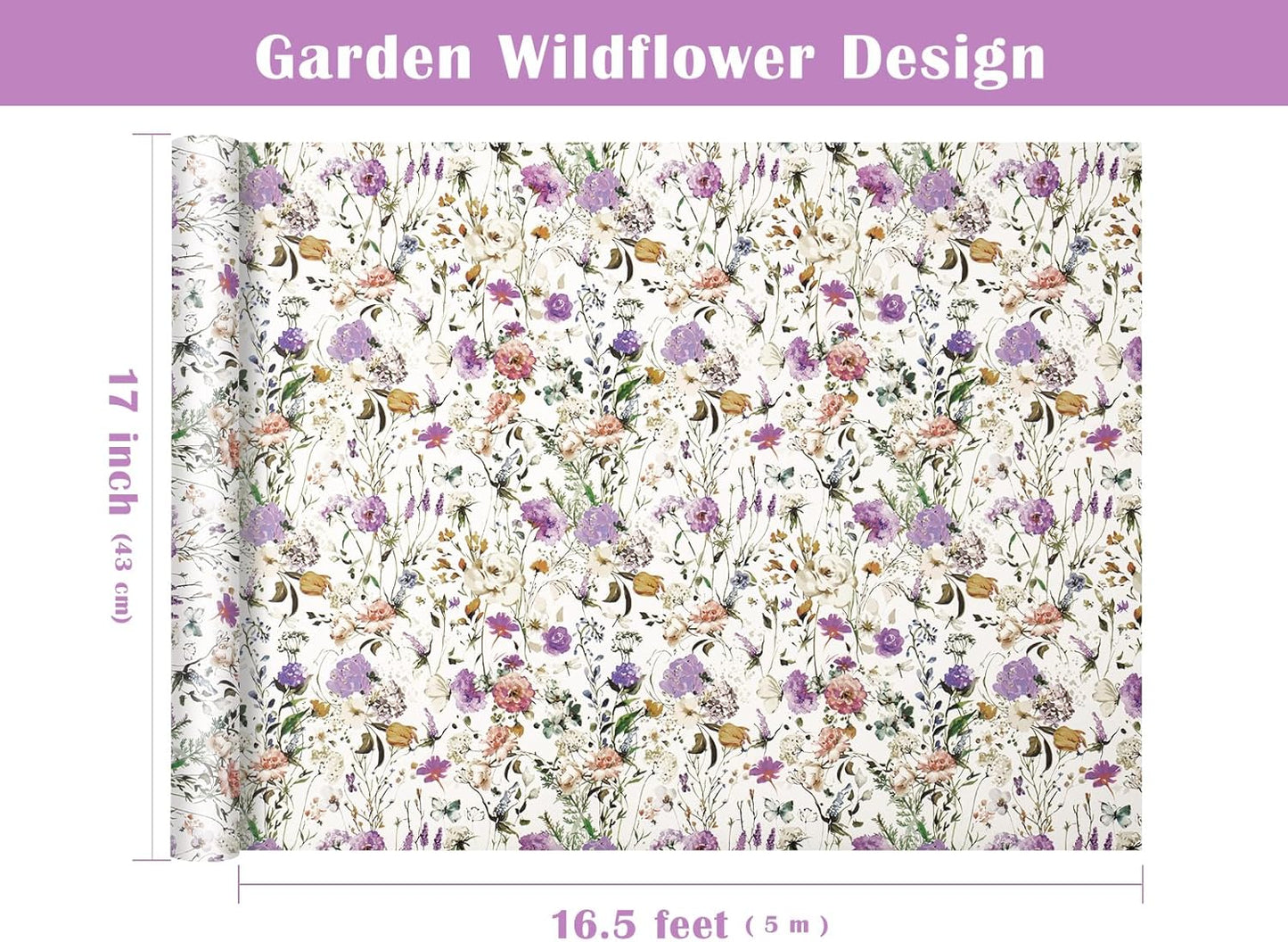 WRAPAHOLIC Kraft Floral Wrapping Paper Roll - Mini Roll - 17 Inch x 16.5 Feet - Garden Wildflower Wrapping Paper Perfect for Girls Women Birthday, Wedding, Bridal Shower