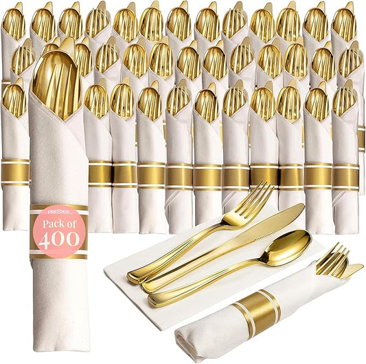 Prestee 400 Pieces Gold Silverware Set for 100 Guests - Premium Pre Rolled Disposable Plastic Silverware Set with Napkins - Wrapped Utensils with Forks, Knives, Spoons, Napkins for Weddings and Events