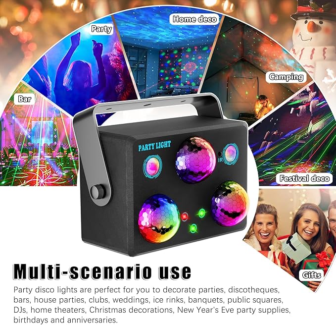 6-in-1 Disco Ball Party Lights with Sound Activation & Remote Control: Multi-Effect Lighting with Star Projector, Ocean Wave and LED Strobe for Home, Christmas, Birthday, Wedding, Bar and Club
