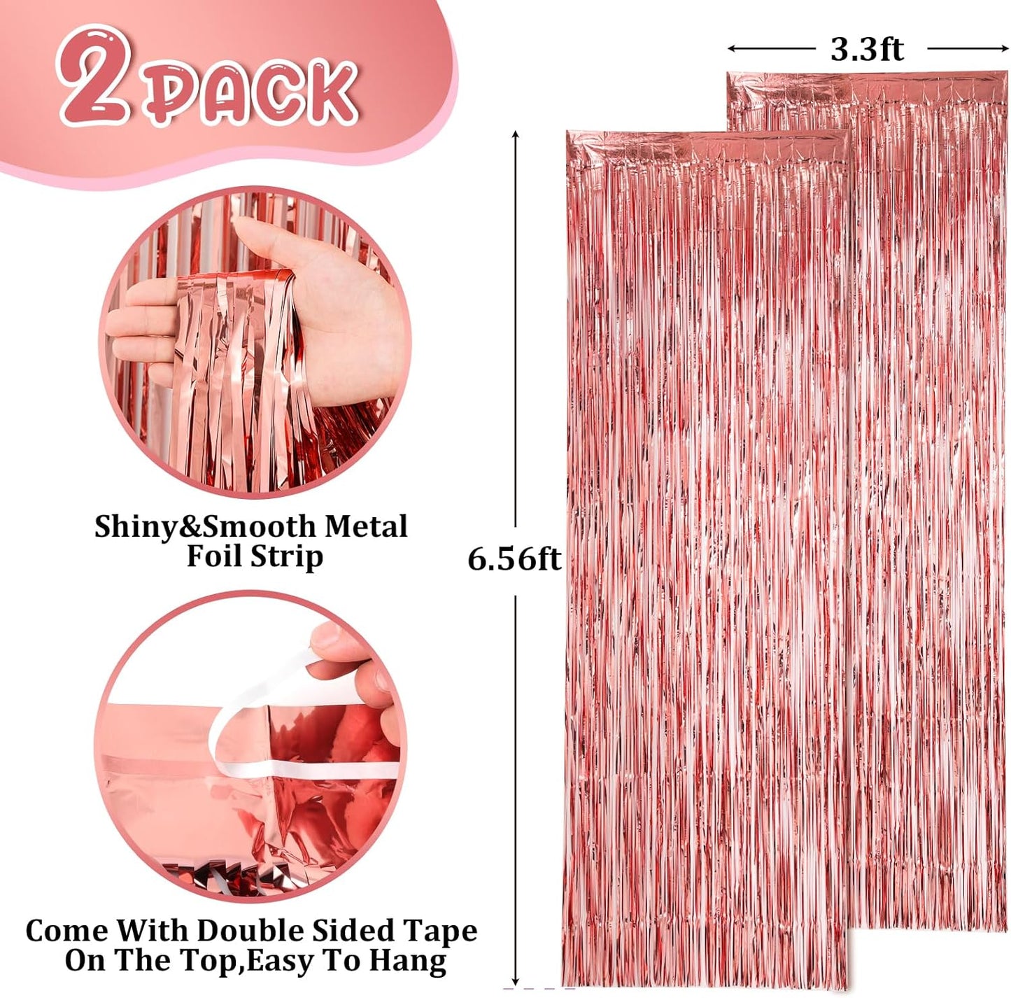 2 Pack Rose Gold Tinsel Foil Fringe Curtains, Rose Gold Party Decorations, Metallic Tinsel Party Streamers Backdrop for Birthday Baby Shower Graduation Wedding Party Decorations