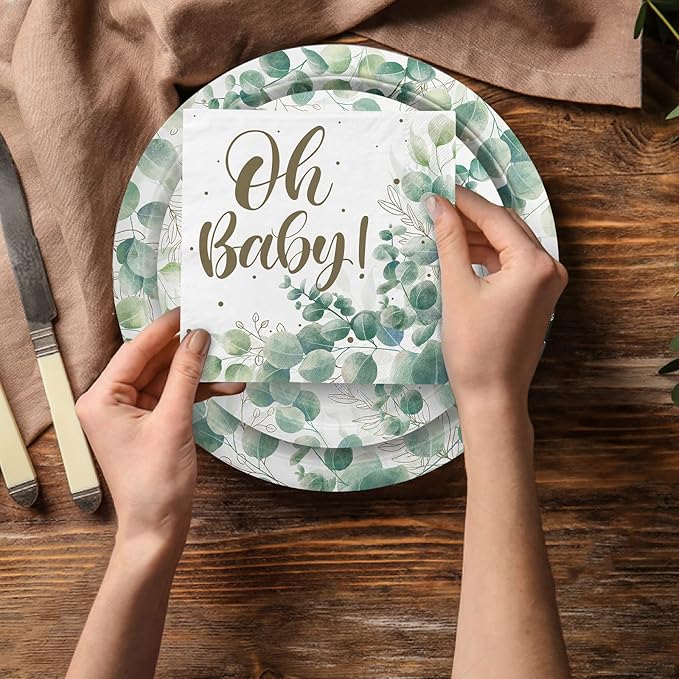 Sage Greenery Baby Shower Party Supplies Disposable Paper Plates Napkins Cups for Boho Greency Party Decorations, Serve 16.