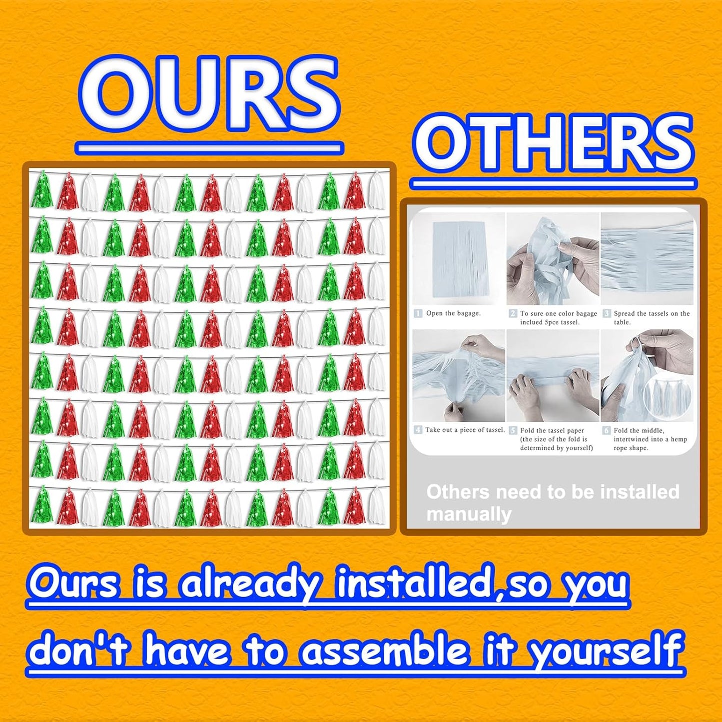 8P Red Green White Foil Fringe Metallic Tassel Streamers Banner Tassel Garland for Parade Floats, Graduation, Wedding, Birthday, Halloween, Christmas, Mexican Italian Birthday Party Decorations