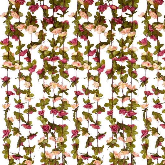 16Pcs 126Ft Dark Pink&Yellow Rose Garland, Fake Rose Hanging Flowers, Artificial Flower Vine, Hanging Floral Vine Garland for Wedding, Wall Arch, Halloween, Christmas Garden Backdrop Decor