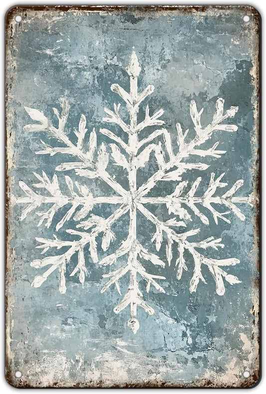 Vintage Christmas Tin Sign - Winter Snowflakes Metal Tin Sign - Wall Decor Sign for Outdoor Snowflake Christmas Decoration - 8x12Inch
