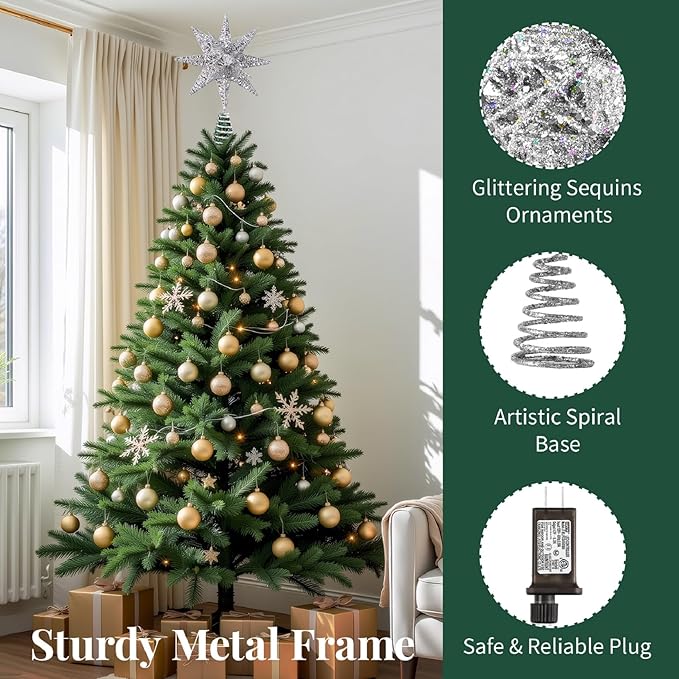Lewondr Christmas Tree Topper, Plug in 3D Starburst Xmas Lighted Star Tree Topper, Remote Control & Timer Light Up Vintage Moravian Tree Topper for Christmas Decoraiton, Colorful Light, Silver