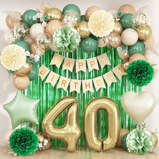 Sage Green 40th Birthday Decorations for Men Gold Number 40 Balloon Nude Gold Happy Birthday Banner Fringe Curtain Paper Pom Poms Olive Green Cream White Sand Star Foil Balloons Party Decor