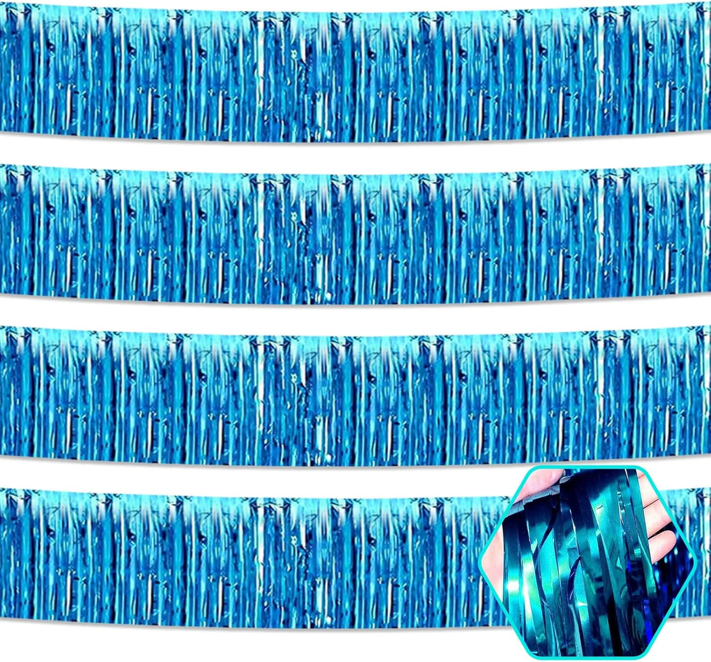 4 Pack 10 Feet Lake Blue Foil Fringe Garland Metallic Tinsel Streamers Banner Wall Hanging Curtain Backdrop for Parade Floats, Wedding, Graduate, Mother's Day, Birthday Party Decoration