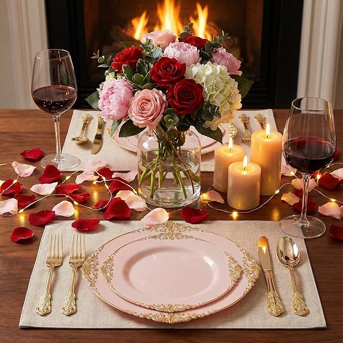 125PCS Pink and Gold Plastic Plates - Pink Disposable Plates - Vintage Plate with Gold Plastic Silverware Set for 25 Guests for Weddings Valentine's Day Parties