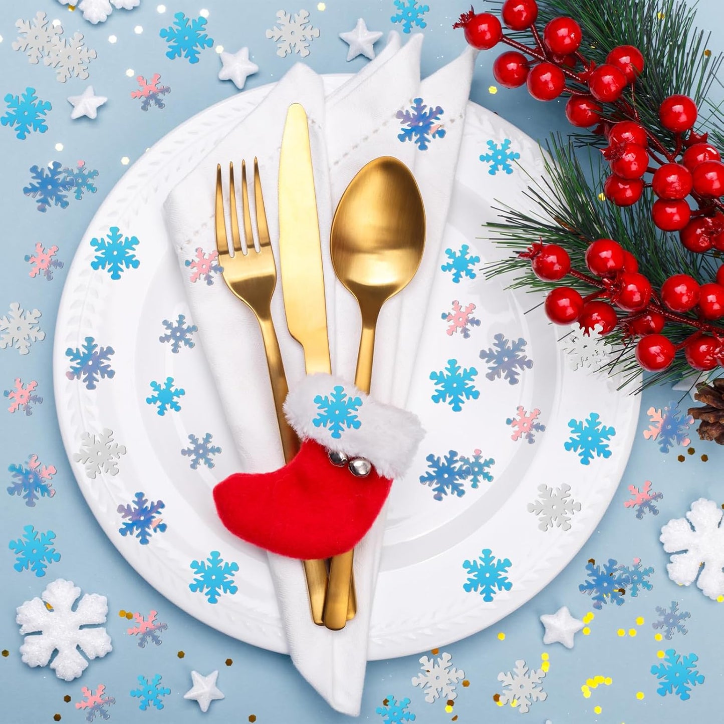 MARFOREVER Snowflakes Glitter Confetti, Christmas Sparkly Clear and White Snowflake Scatter Mixed Size Winter Party Sprinkles Winter Wonderland Frozen Decorations