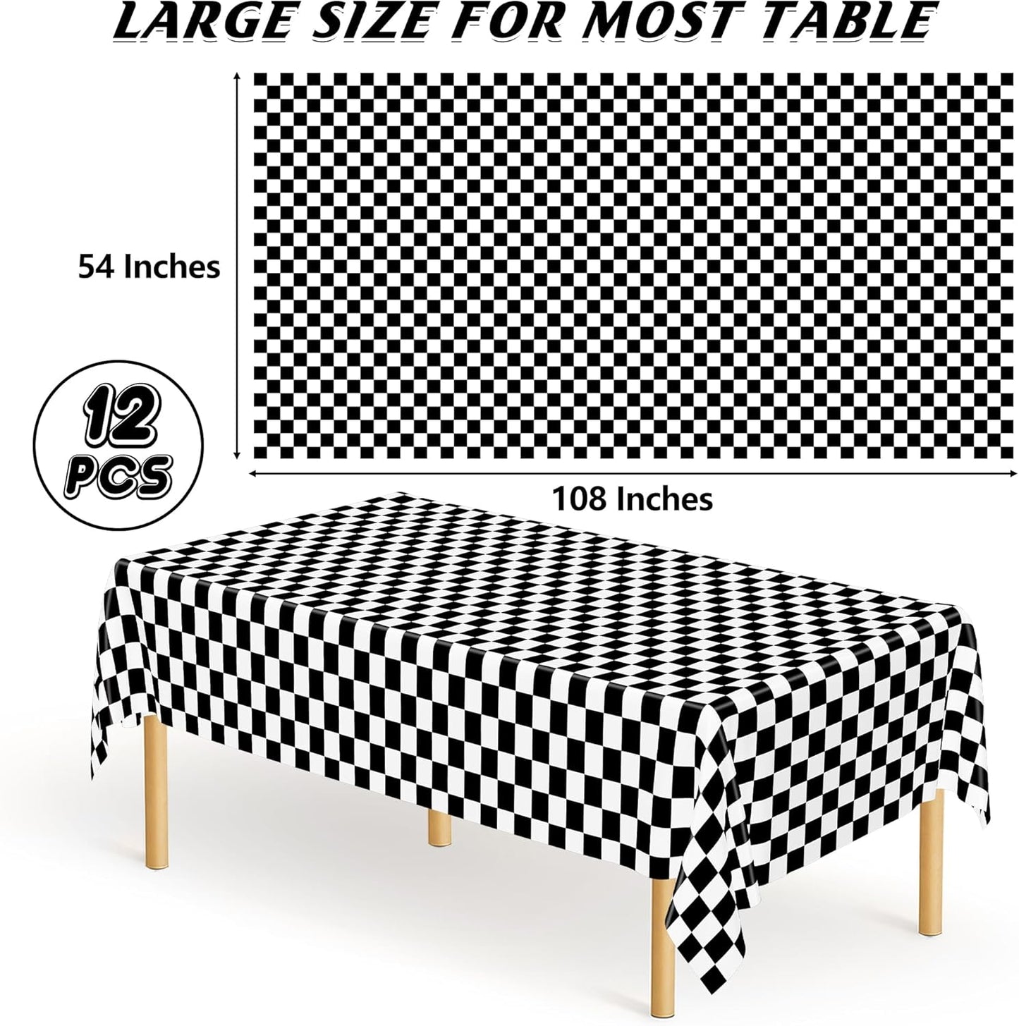 12Pack Table Cloth Rectangle Table, 54" x 108" Plastic Tablecloth, Black and White Checkered Table Covers, Waterproof Disposable Table Cloth for Outdoor Picnic Indoor Birthday Party Supplies Dinner