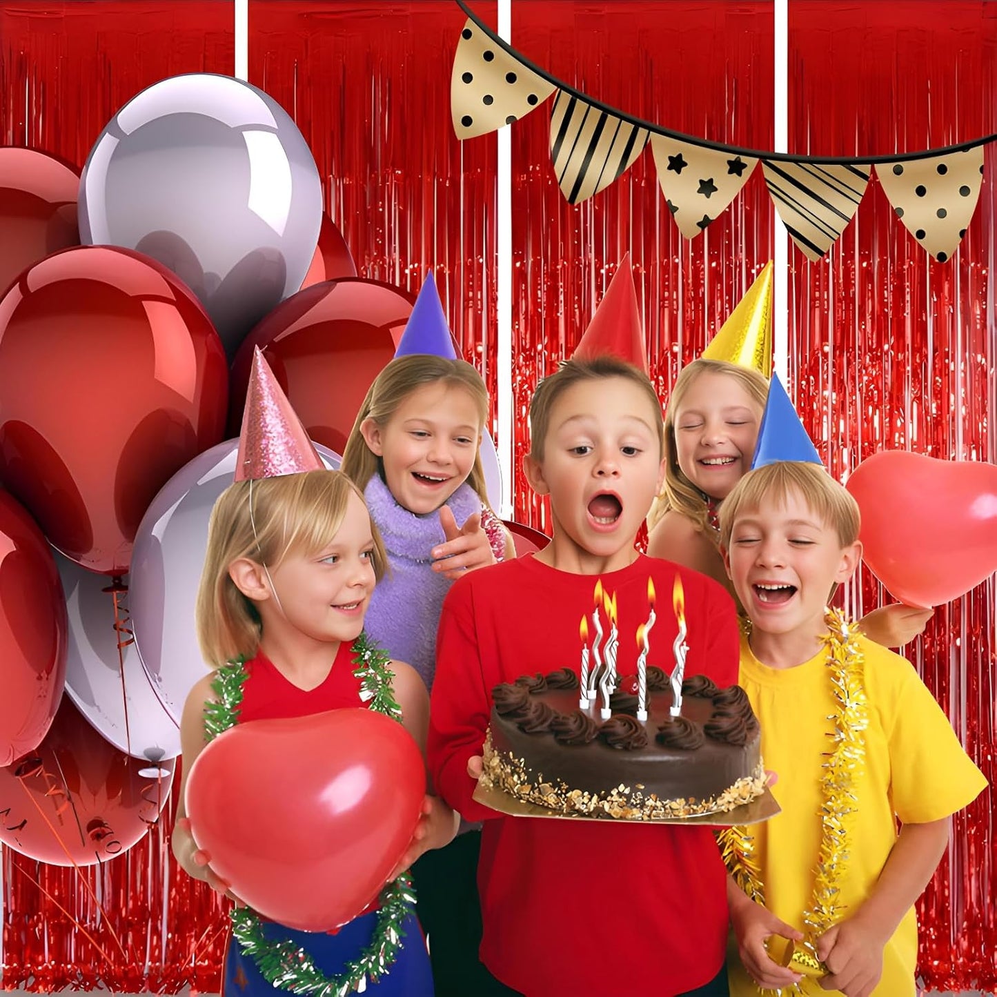 Keyali 4 Pack 3.3 * 8.3 ft Foil Curtain Metallic Tinsel Fringe Curtains Photo Booth Props Backdrop for Birthday Wedding Engagement Baby Shower Christmas Holiday Celebration Partyl,Red