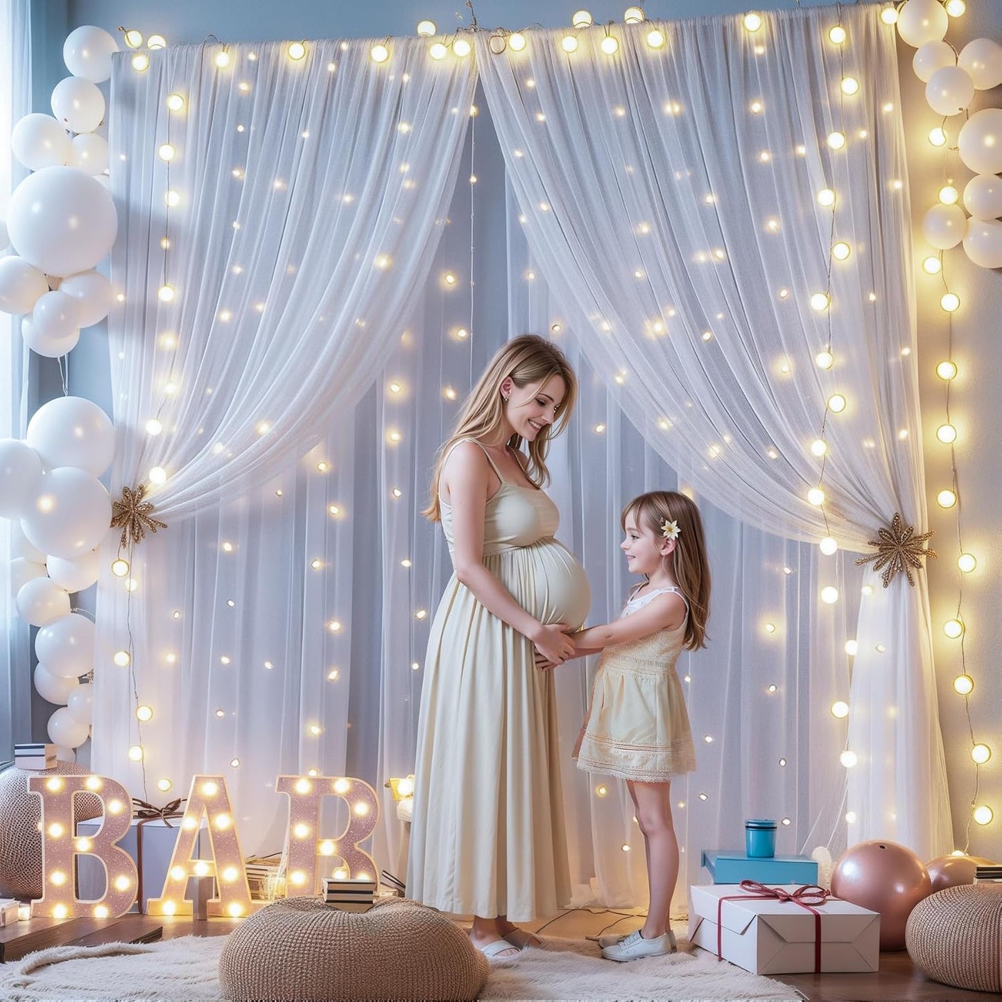 gogoparti 20x8ft White Tulle Backdrop Curtains with Lights for Party Wedding Baby Shower, Sheer Drape Backdrop Curtains for Birthday Party Photo Booth Background Decoration