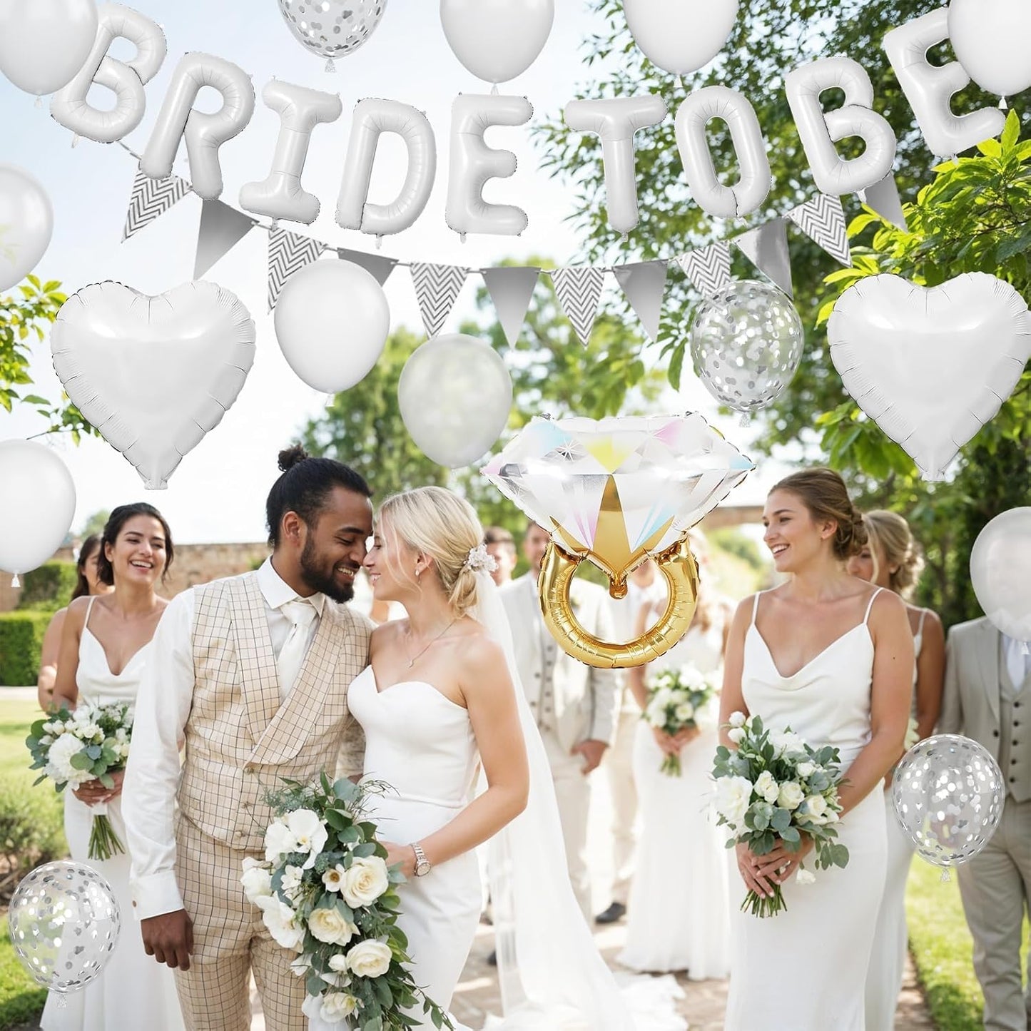 White Bachelorette Party Decorations, White Bride To Be Bridal Shower Balloons Decorations, Silver Confetti Balloon with Diamond Ring Heart Balloon for Bachelorette Engagement Wedding