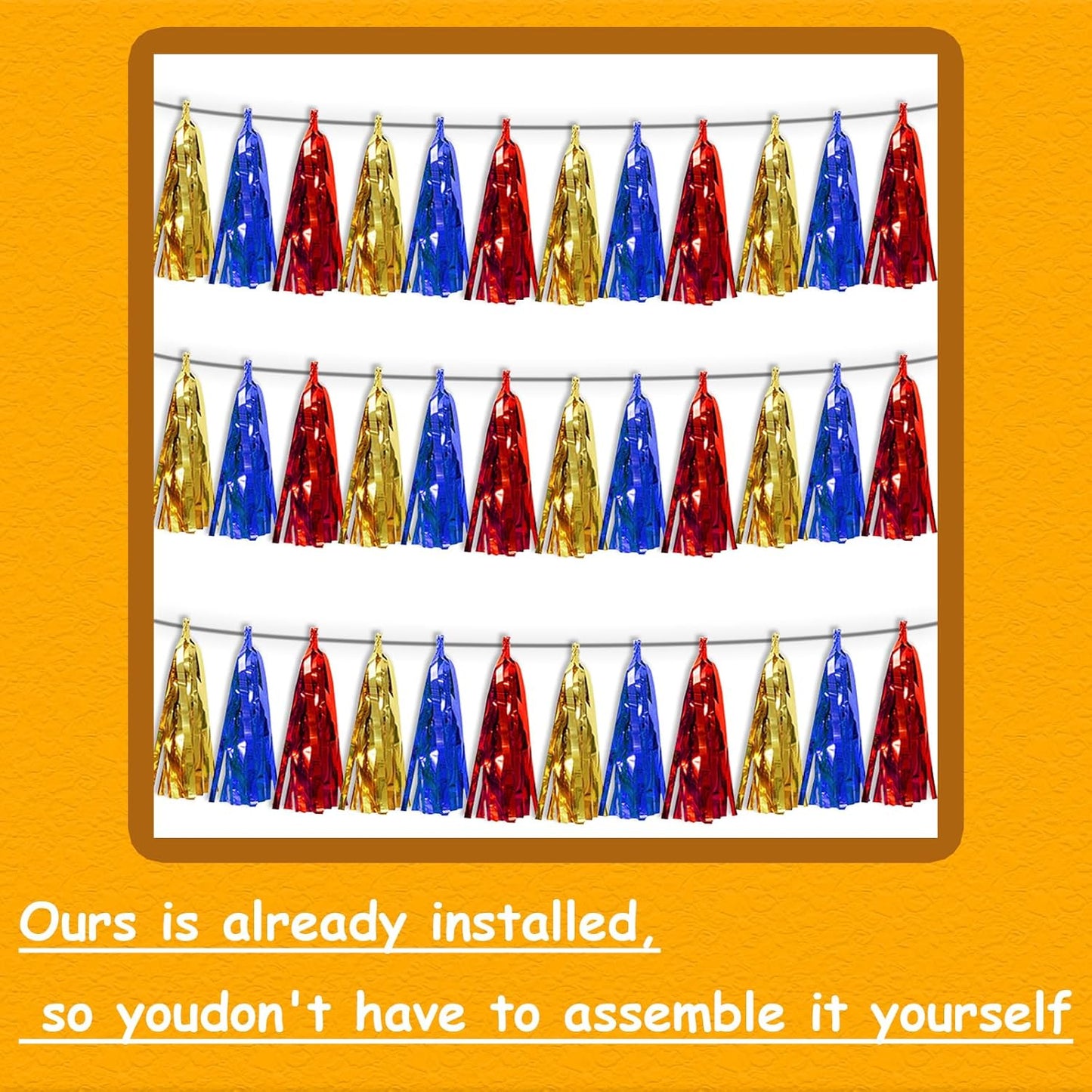 3P Gold Blue Red Foil Fringe Tassel Banner Metallic Tinsel Streamer Garland Wall Curtain Backdrop for Parade Floats, Graduation, Halloween, Christmas, Baby Bridal Shower Party Decorations