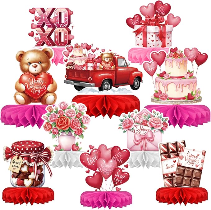 Valentines Day Decorations Set - Heartwarming Valentine's Day Honeycomb Centerpieces & Heart Table Toppers for Classroom Decor, Anniversary & Valentine's Day Party Supplies