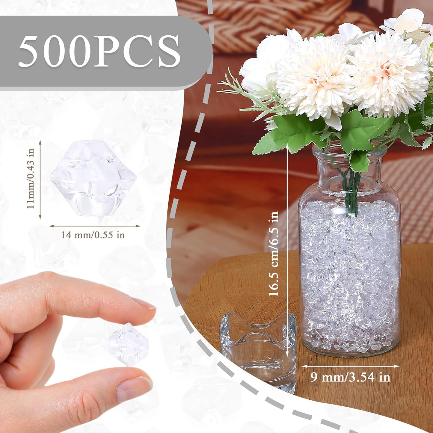 LAIDANLA 500PCS Fake Ice Cubes Clear Acrylic Gems Vase Fillers for Centerpiece Plastic Diamonds Fake Crushed Rocks DIY Party Table Scatter Prop Wedding Decoration Accessories