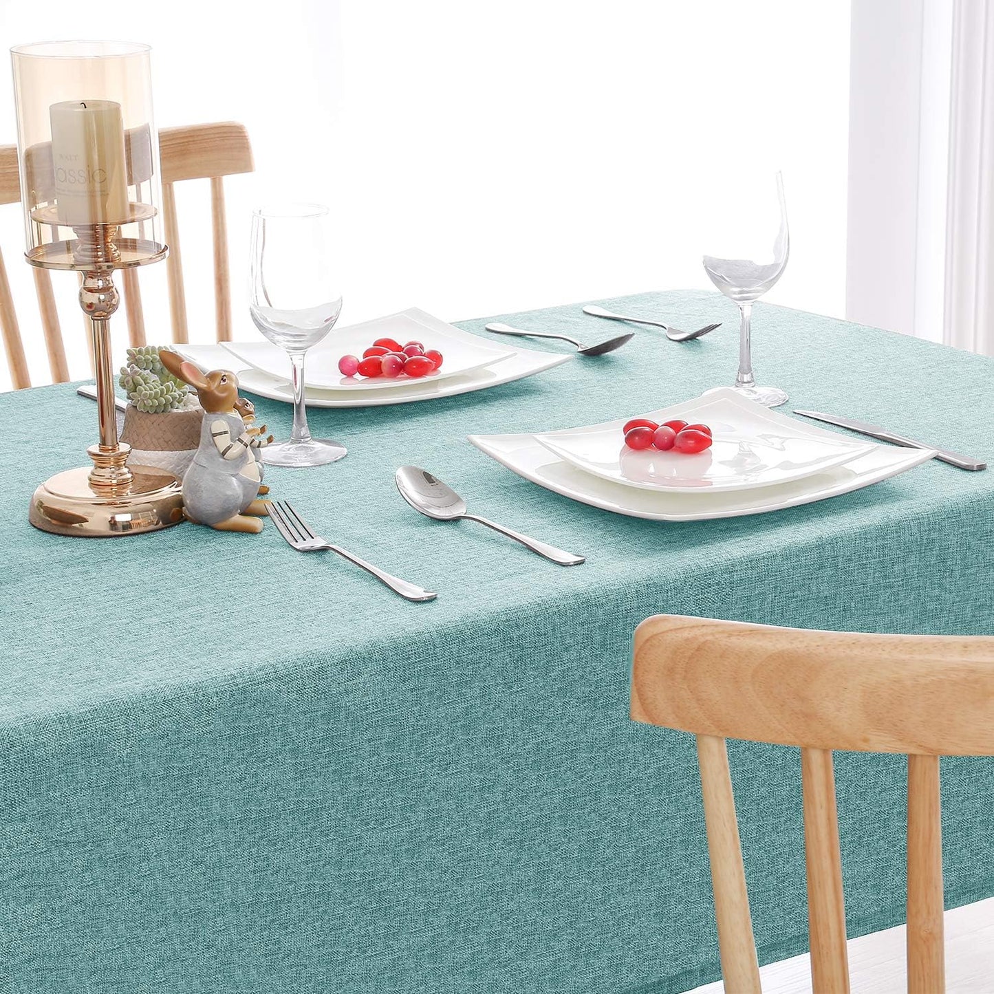 Hiasan Faux Linen Rectangle Tablecloth - Wrinkle and Stain Resistant Washable Table Cloth for Kitchen Dining Room Holiday Table Cover for Party Dinner, Aqua, 90 x 156 Inch