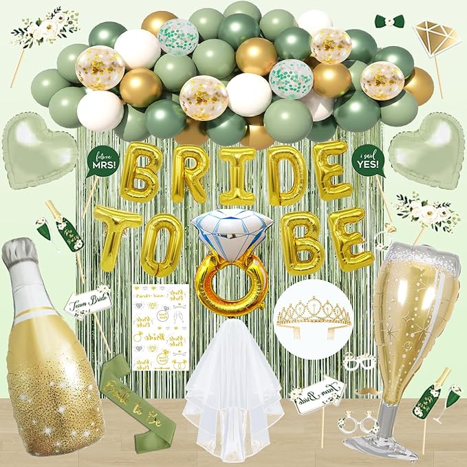 Sage Green Bachelorette Party Decorations, Bride To Be Decorations include Bride To Be Sash Veil Crown Tattoo Stickers Photo Props Fringe Curtain for Bachelorette Engagement Bridal Shower Decorations