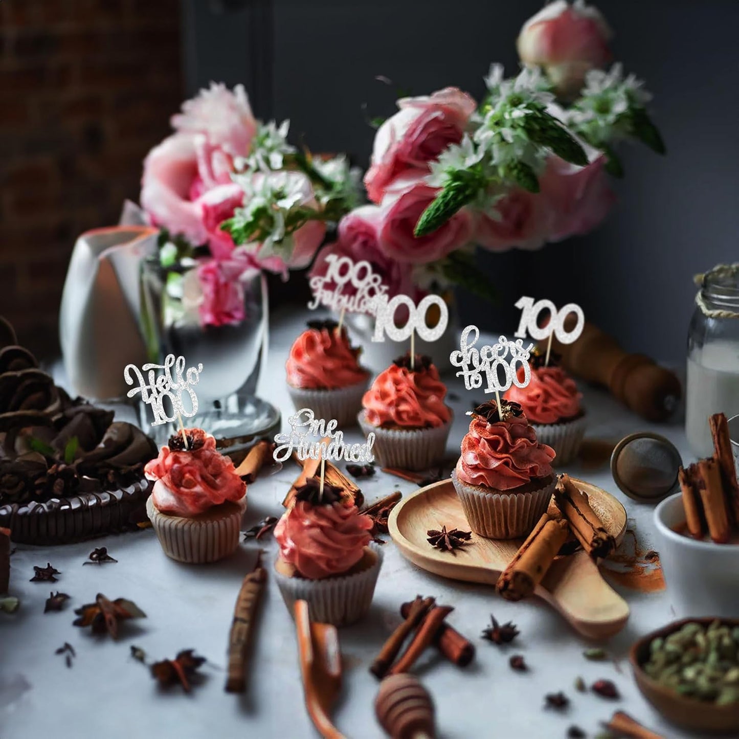 30pcs Happy 100th Birthday Cupcake Toppers - Silver Glitter One Hundred Cheers to 100 Years Old Cupcake Picks for Anniversary Party Cake Decorations