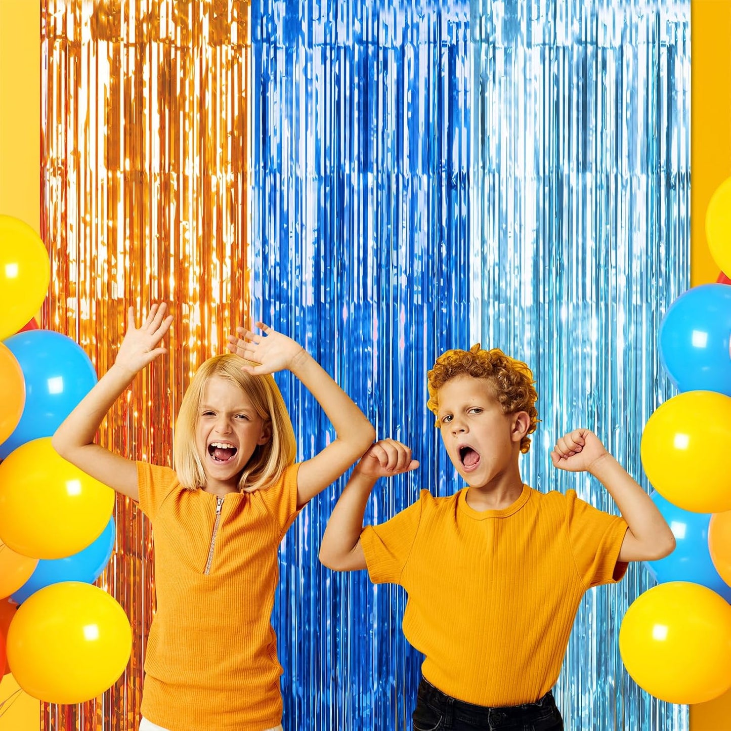 3 Pack 3.3X6.6Ft Blue Dog Foil Fringe Curtains Backdrop Decorations, Orange and Light Blue Birthday Party Tinsel Metallic Streamers Photo Booth Background for Dog Theme Party Supplies
