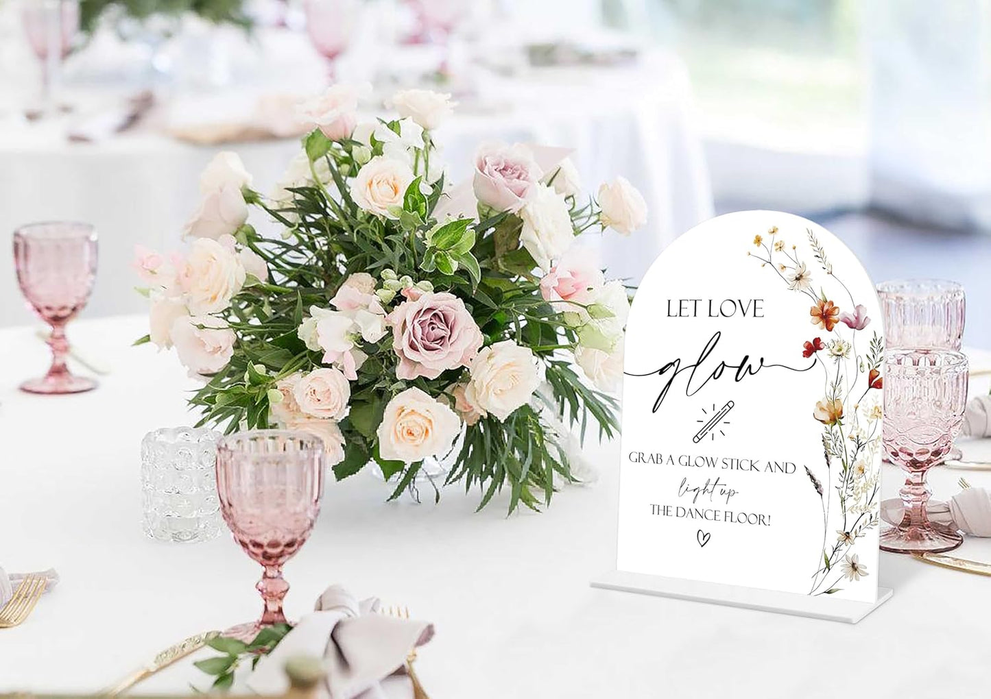 Boho Floral Let Love Glow Sign, 6 x 8 Inch White Arch Acrylic Wedding Sign with Holder, Wedding Sign for Ceremony and Reception, Wedding Decoration, Wedding Supplies - BX13