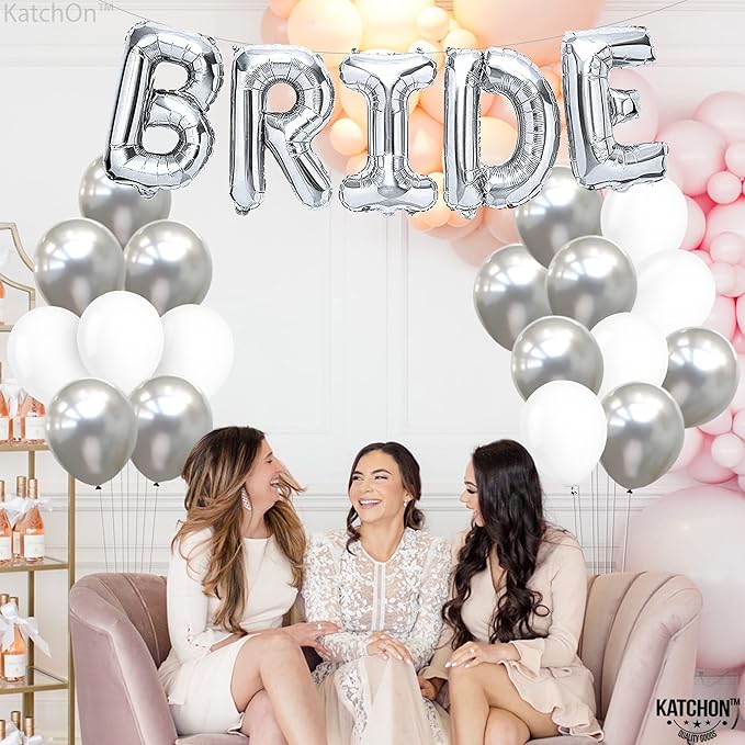 KatchOn, 27pcs Silver Bride Balloons Set - 16 Inch | Silver & White, for Bachelorette Party Decorations | Bridle Shower | Bride and Latex Balloons | bride Balloon Bachelorette