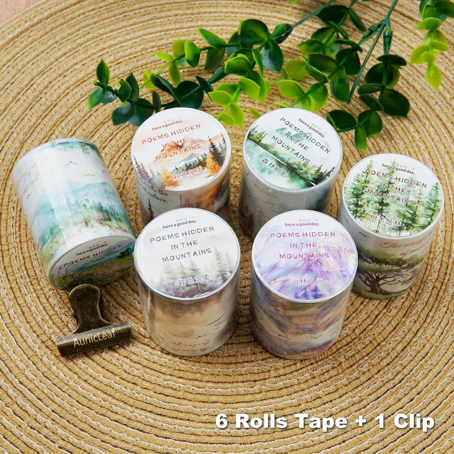 Mountain Forest Washi Tape Set, 6 Rolls with Poetic Text and Gold Foil Accents, Includes Clip for Scrapbooking, Journaling, and Planner Supplies