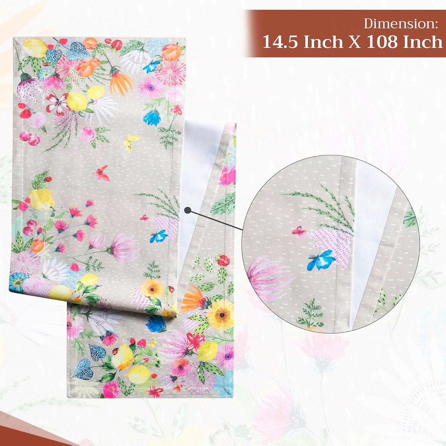 Maison d' Hermine Table Runner 100% Cotton Single Layer Table Runners 108 inches Long Decorative for Home Kitchen Dining Party Wedding Bridal Shower Spring Summer (Jardin D'Ete - Fog, 14.50" x 108")