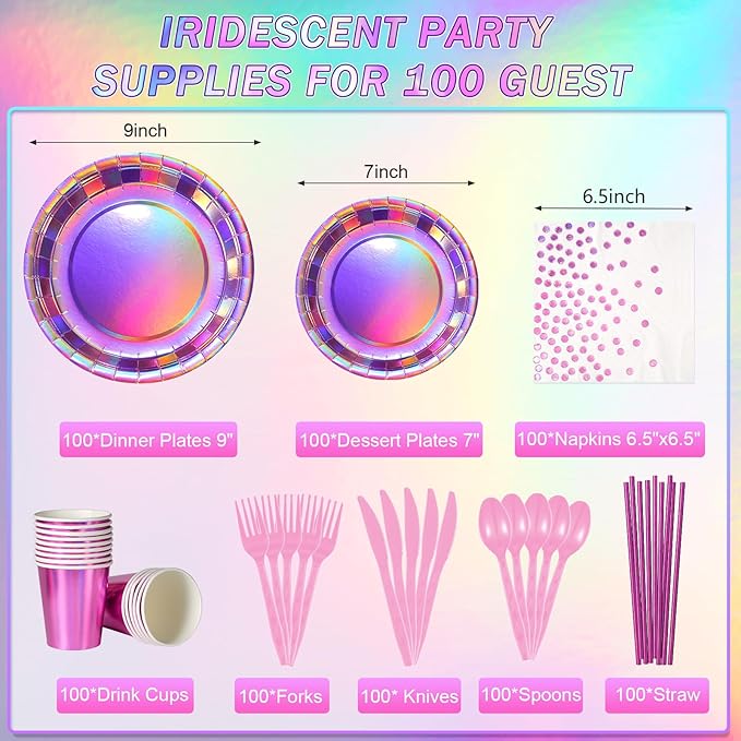Iridescent Pink Party Supplies Decorations Serve 100, Hot Pink Holographic Paper Plates and Napkins, Disposable Pink Paper Plates Cups Knives Spoons Fork for Mermaid Disco Birthday Graduation Party