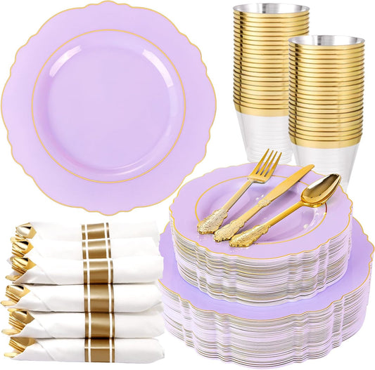 Liacere 350PCS Purple Plastic Plates - Disposable Light Purple and Gold Plates 50guest Baroque Plastic Dinnerware include 100Plates, 50Pack Pre Rolled Napkins with Silverware 50Cups for Mother's Day