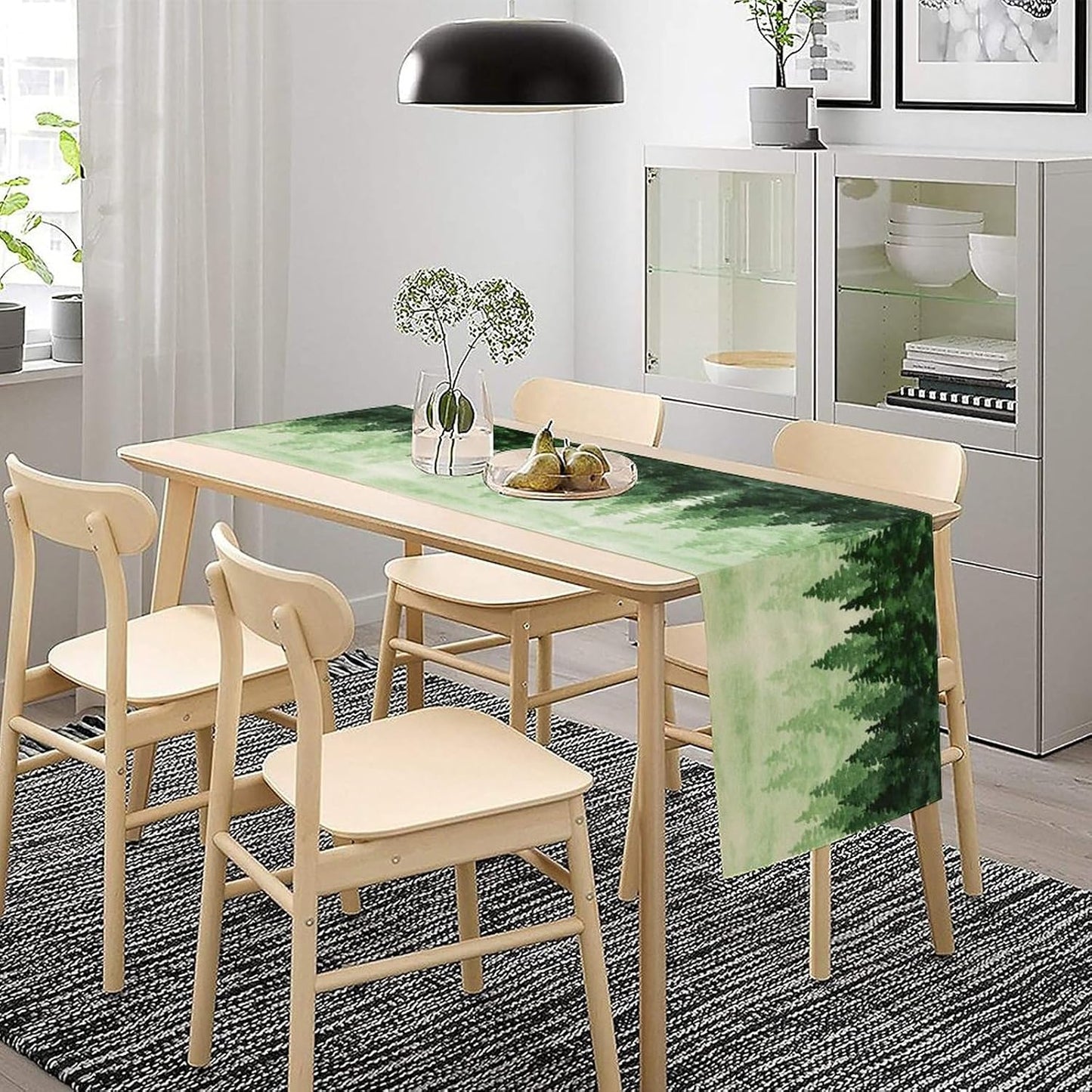 Foggy Forest Table Runner,Watercolor Wreen Misty Forest Landscape Table Runner for Kitchen Dining Table Home Party Decoration 13x60 Inch