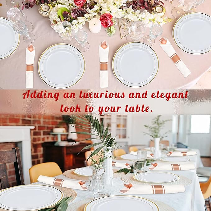 50 Pack Pre Rolled Rose Gold Plastic Silverware Set,Wrapped Plastic Cutlery Set with Napkin Include 50 Forks,50 Spoons,50 Knives and 50 White Napkins for Party,Wedding