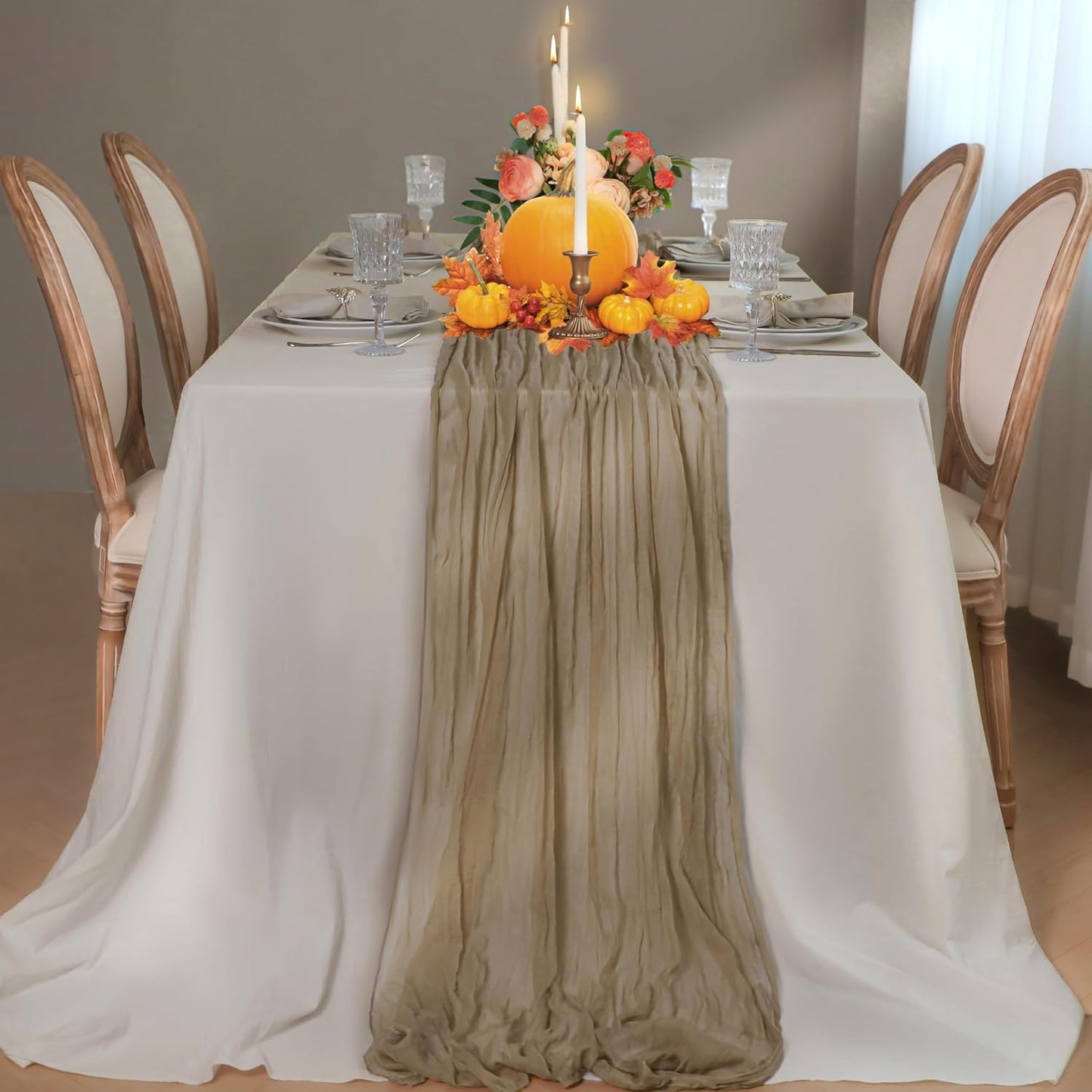 Snowkingdom 6PCS 10 FT Nude Brown Cheesecloth Table Runner, 120 inch Long Cheese Cloth Boho Rustic Gauze Sheer Runner for Wedding Party Baby Shower Birthday Christmas Holiday Table Decorations