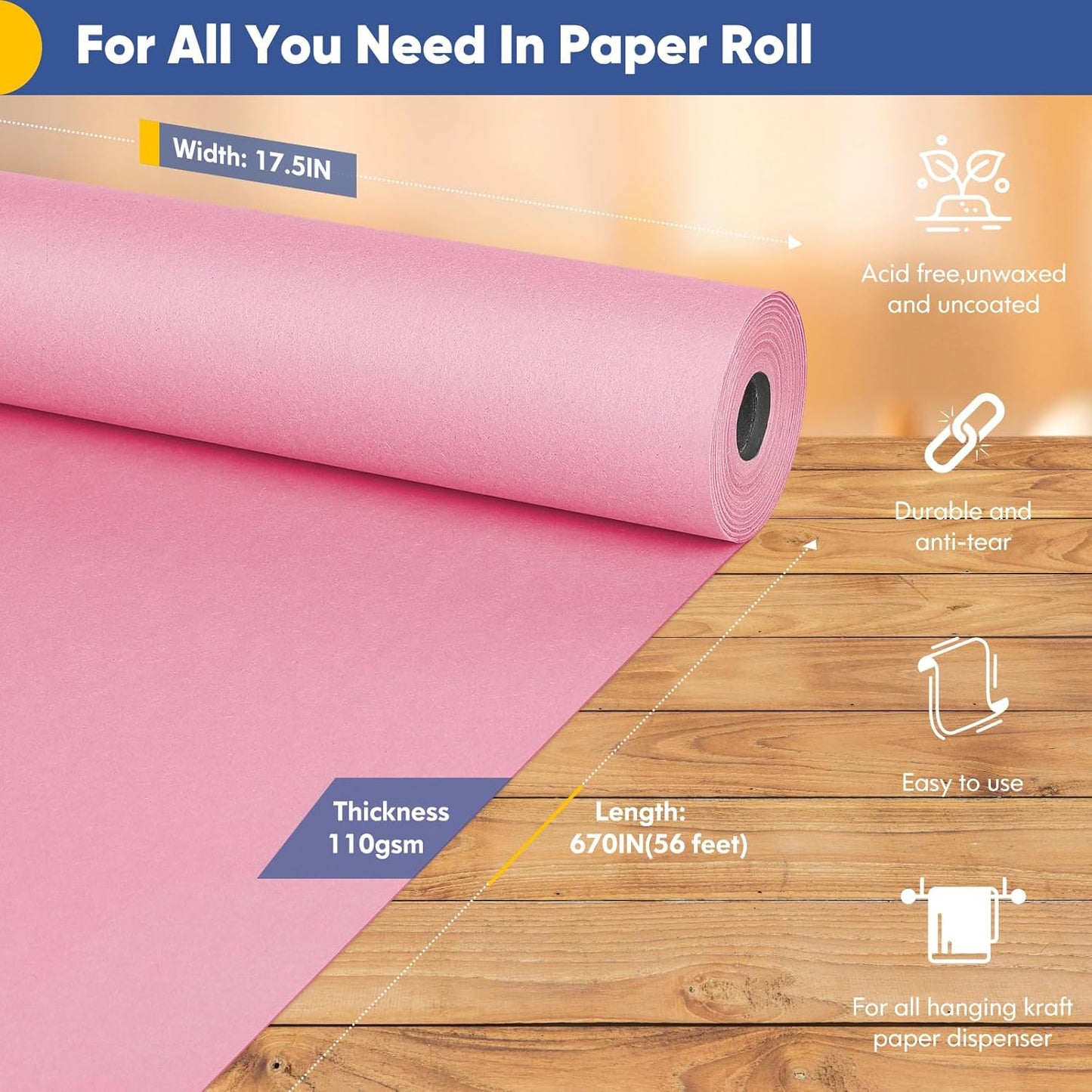 Vanhench 17.5"×963" (80 1/4FT) Pink Wrapping Paper Roll, Bulletin Board Paper, Color Kraft Paper Roll for Art Crafts, Wedding, Birthday, Mothers Day Gifts, Bouquet Flower Wrapping