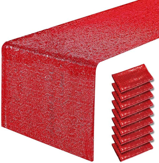 10 Packs 12 x 72 inches Red Sequin Table Runner, Glitter Runner for Birthday Party Supplies Decorations Wedding Bachelorette Holiday Celebration Bridal Shower Baby Shower