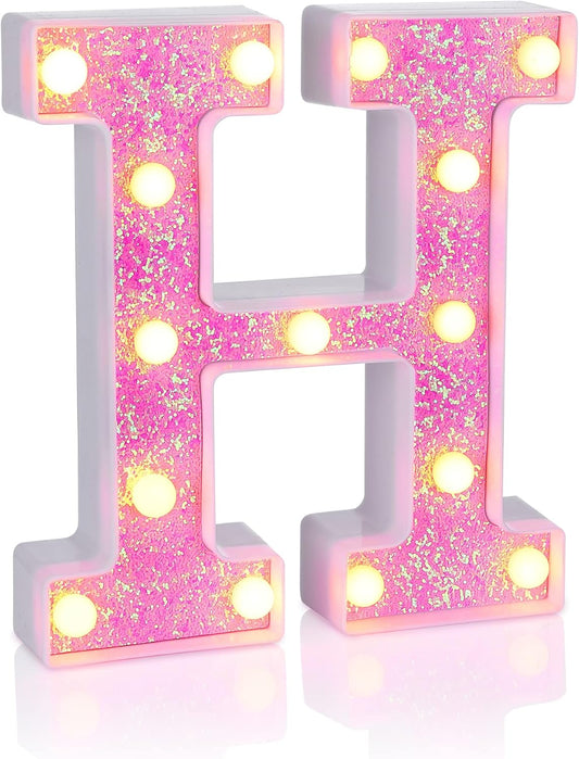 Foaky Pink Light up Letters，Pink Party Decorations,Girls Room Decor,Glitter Light Up Letters,Alphabet Letter Sign for Night Light Birthday Party Girls Gifts, Home Bar Decoration（H）