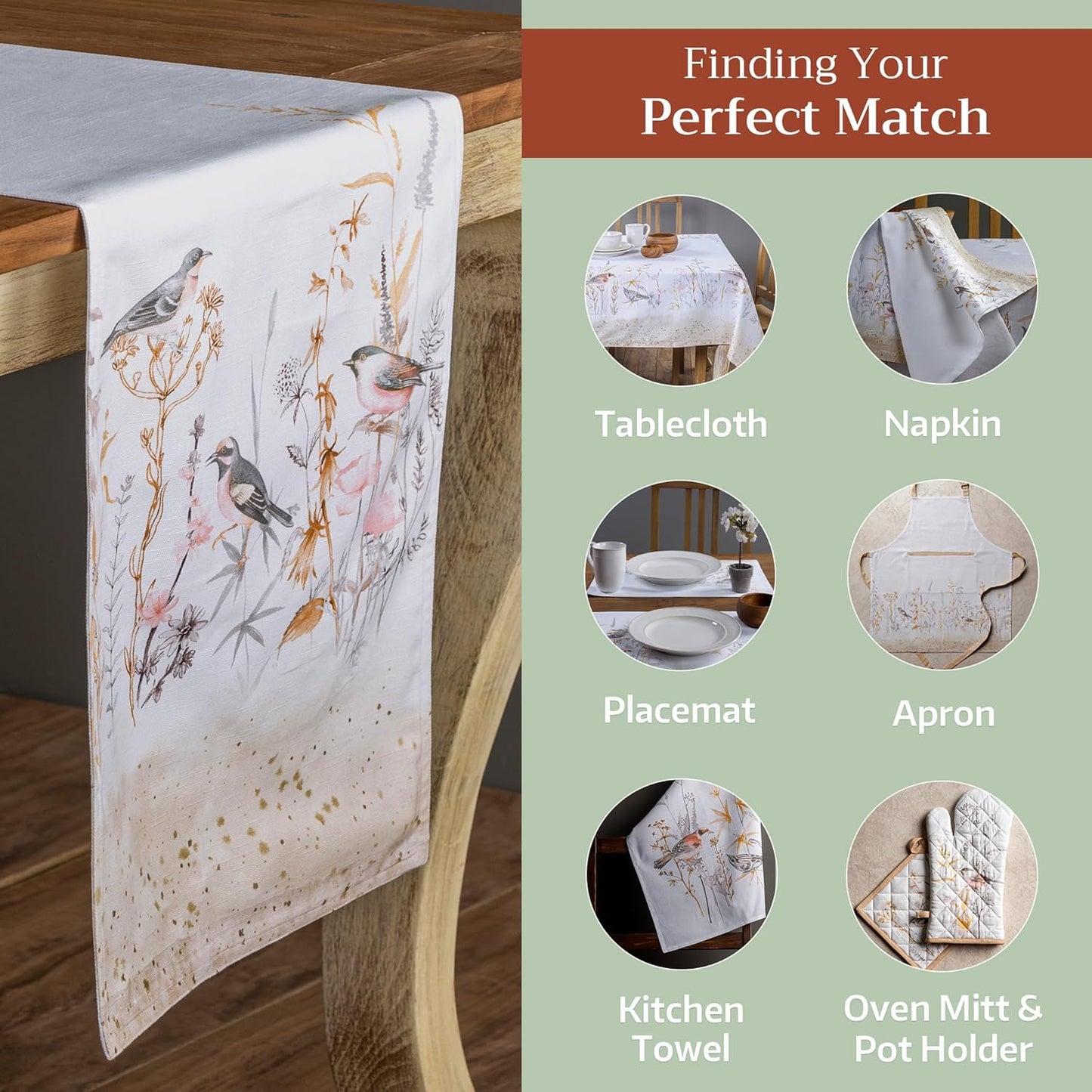 Maison d' Hermine Table runner 100% Cotton Double Layer Table Runners 72 inches long Decorative for Home Kitchen Dining Party Wedding Bridal Shower Spring Summer (Meadow Florals - Beige, 14.50" x 72")