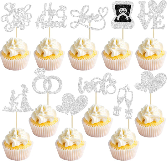 Ephlyn 30Pcs He Asked She Said Yes Cupcake Toppers Glitter Engagement Cupcake Toppers Diamond Ring Heart Love I Do Cupcake Picks for Engagement Wedding Party Cake Decorations Silver