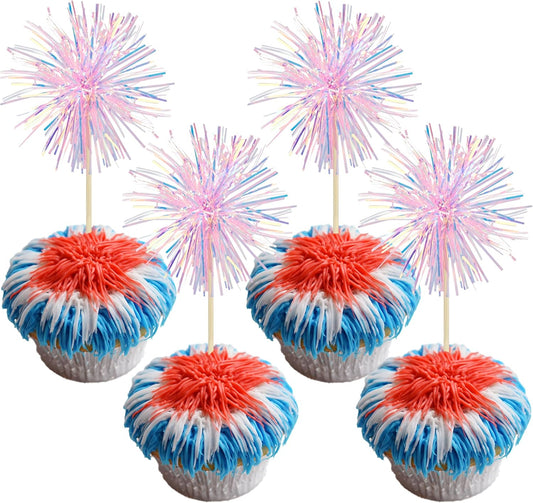 Gyufise 30Pcs Foil Firework Cupcake Toppers Sparkle Tinsel Cake Toppers Tinsel Drink Cake Decoration Cocktail Picks for Birthday Wedding Graduation Party Supplies Laser Pink
