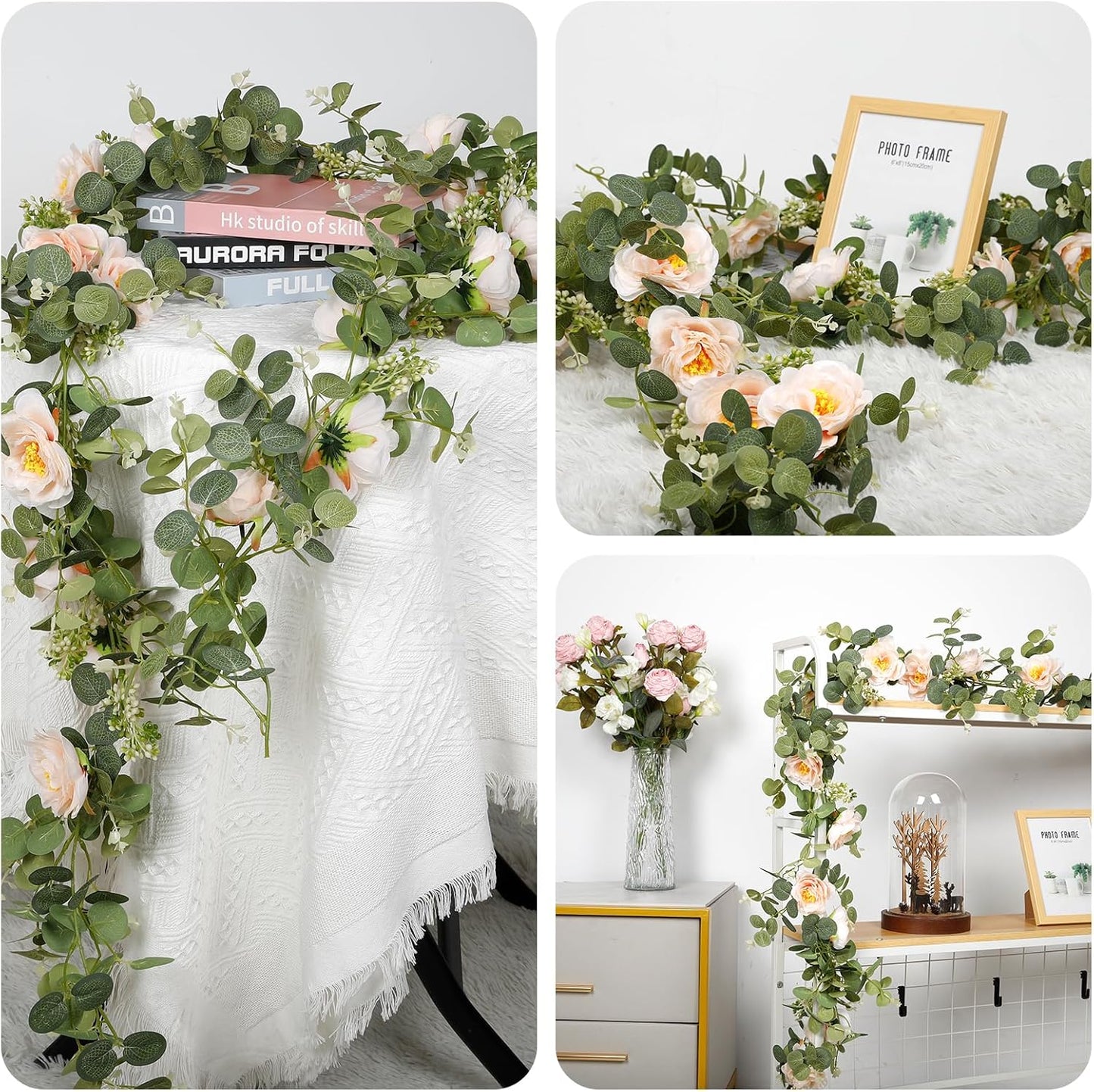 2Pcs Total 13 feet Eucalyptus Flower Garland with Fake Rose Flower, Artificial Fake Flowers Greenery Garland Floral Vines for Decoration Party Wedding Table Indoor Outdoor Backdrop Wall Decor（Pink）