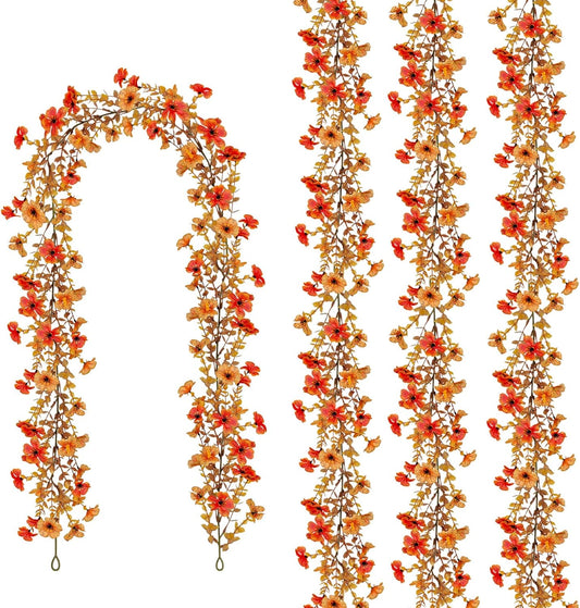 4 Pack Artificial Fall Flowers Garland, 6 FT Fall Decorations Fake Mums Floral Vines UV Resistant Faux Hanging Flower Ivy Garland for Home Party Table Wall Decor (Orange + Autumn Yellow)