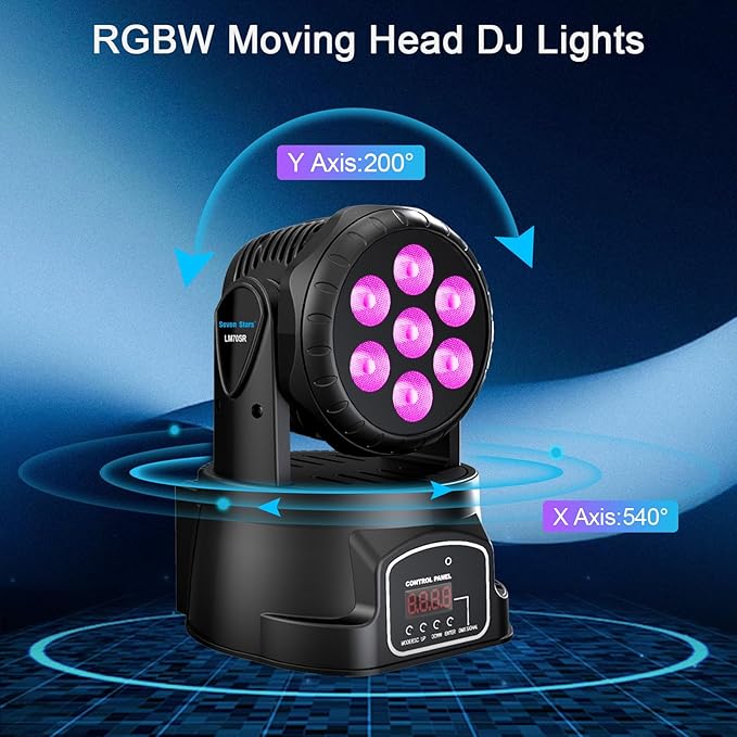 Seven Stars 60W Moving Head DJ Lights, RGBW Stage Lights, DMX512 DJ Lighting 9/16 Channel, Professional Spotlight for Parties, Bars, Disco, Church, Club, Halloween