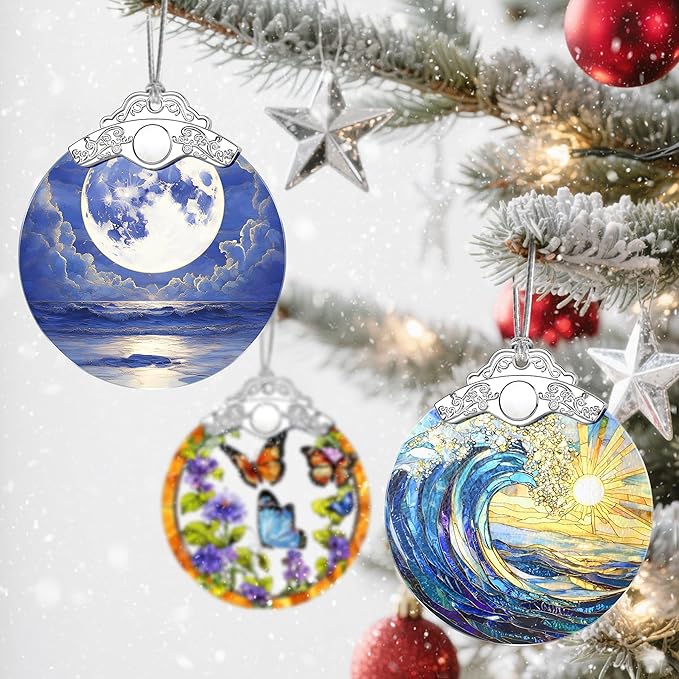 Christmas Ornaments: Stained Glass Ornament, Christmas Tree Ornament, Hanging Ornaments for Home Decor & Xmas Tree Decorations – Holiday Decor, Gifts & Holiday Present - Full Moon Over Ocean
