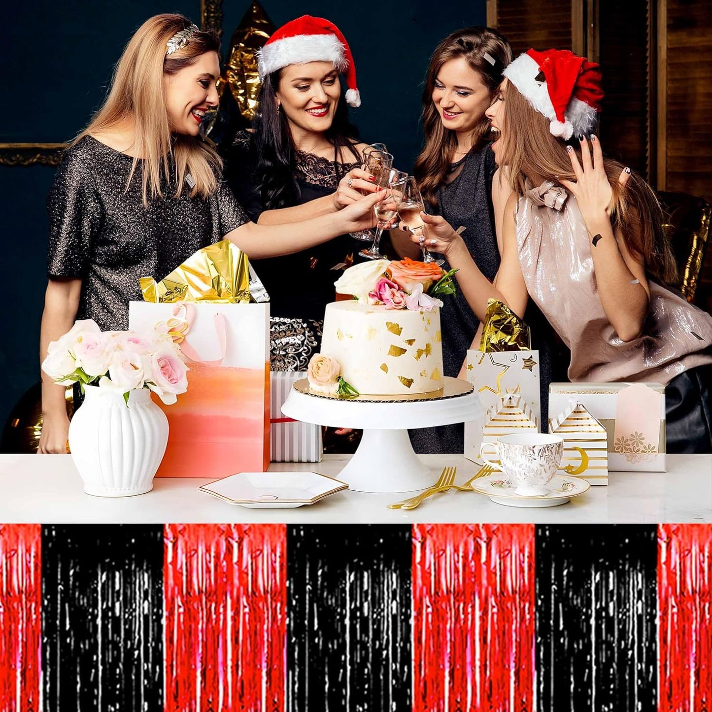 3 Pack Black and Red Foil Fringe Table Skirts Metallic Tinsel Streamers Garland Banner Backdrop for Table Decor, Parade Float, Birthday, Wedding, Halloween, Christmas Party Decorations(29x108 In)