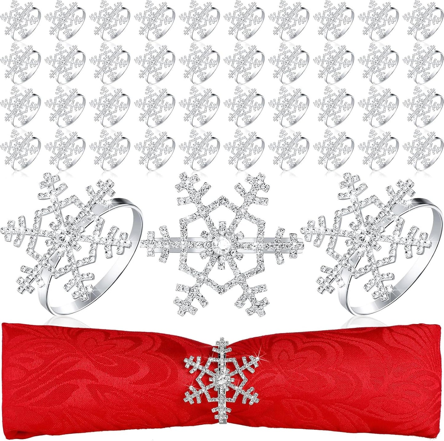 Patelai 100 Pieces Snowflake Napkin Rings Thanksgiving Christmas Napkin Holders Exquisite Household Rhinestone Napkin Rings Set for Christmas Wedding Dinner Party Table Decoration (Silver)