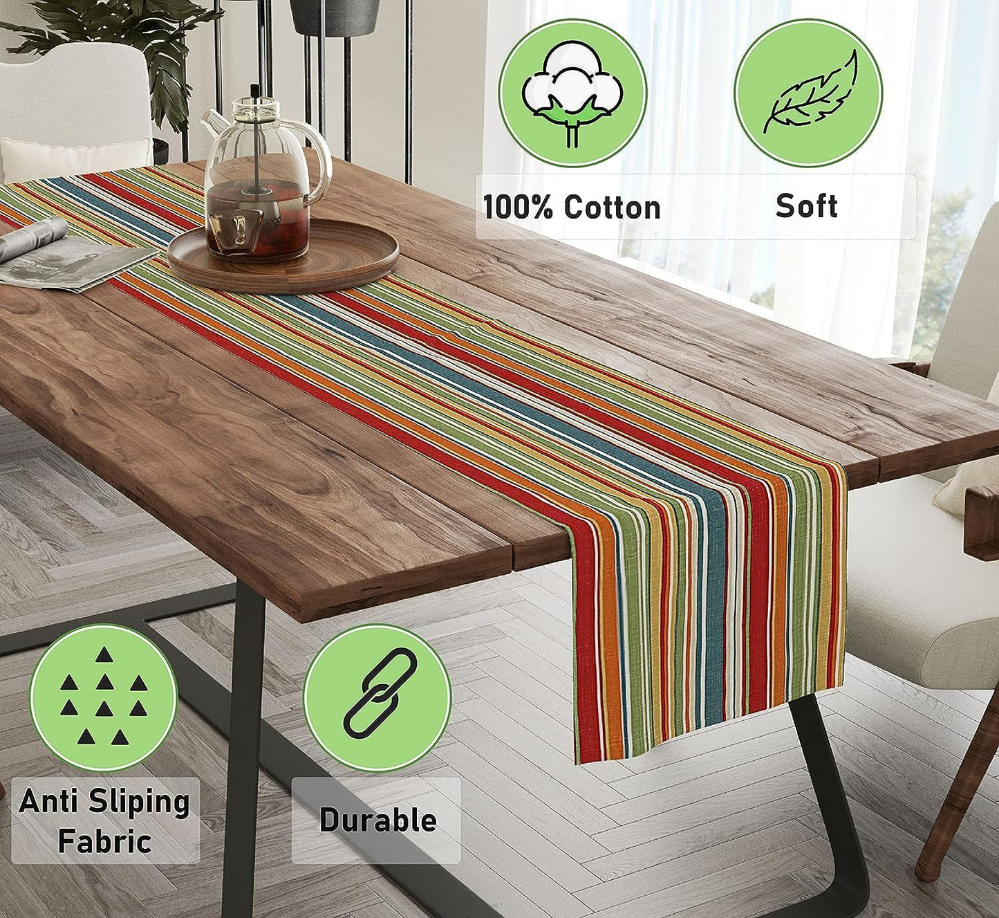 Ruvanti 100% Cotton Table Runner 108 Inches Long, Non-Slip, Stain Resistant, Washable & Reusable Table Runners Perfect for Wedding, Parties, Christmas, Holiday, in-Door use - Multi Stripe