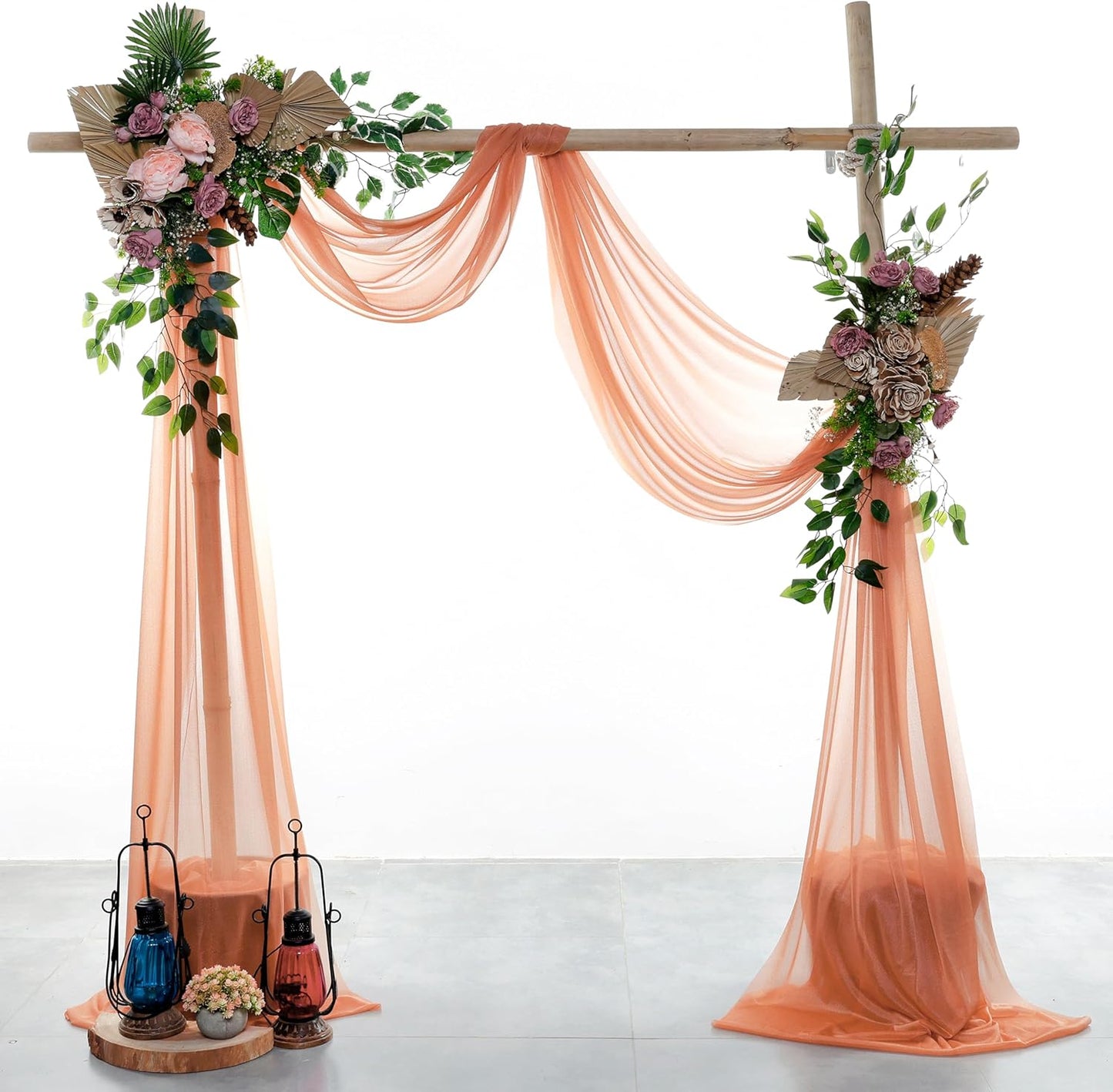 VDS Pack of 3 Panel (30 Inch X 20 Feet) Wedding Arch Draping Fabric Sheer Chiffon Fabric Drapery for Wedding Ceremony Reception Swag Backdrop Canopy Chuppah ARBO Altars Decoration (Coral Peach)